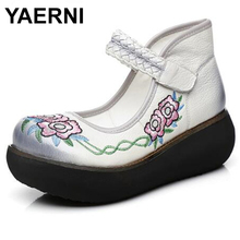 YAERNI New Spring Autumn Embroidered Cowhide Leather Shoes Women Fashion Shoes Wedges High Heels Retro Women Wedding ShoesE538 2024 - buy cheap
