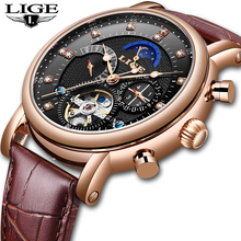 LIGE Mechanical Watch Men Sport Tourbillon Automatic Top Luxury Brand Relojes Hombre Leather Moon Phase Watches Men Relogio+Box 2024 - buy cheap