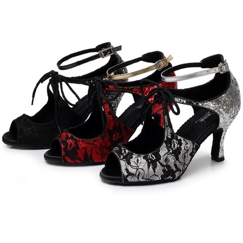 Women Ballroom Latin Dance Shoes Black Red L Salsa Sandals Female Social Party Tango Dance Shoes High Heel 7.5cm Soft Sole 1338 2022 - buy cheap
