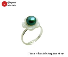 Qingmos Natural Green Pearl Ring for Women With White Shell Flower & 7-8mm Flat Pearl Opening Adjustable Ring Jewelry rin39 2024 - buy cheap