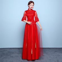 Xangai história chinês vestido de casamento vermelho qipao meia manga rendas cheongsam roupas tradicionais topo + saia terno conjunto 2024 - compre barato