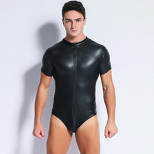 Bodysuit couro preto sexy masculino, fato de gato de látex pu, lingerie sexy masculina, couro envernizado, uma peça collant, aparência molhada, roupa de clube gay 2024 - compre barato