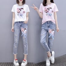New 2019  Women Cartoon T Shirts Jeans Suits Casual Short Sleeve Sequins Tshirt+Calf-Length Denim Pants Sets for Ladies Woman 2024 - buy cheap