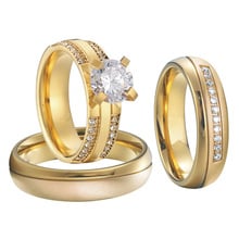 Alianças femininas de casamento cz 3 peças, conjunto de anéis de casal, homens e mulheres, joia de aço inoxidável 2024 - compre barato
