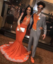 Sexy African Black Girls Orange Mermaid Prom Dresses 2019 Long Sleeve Appliques Lace Women Long Party Evening Gowns Vestidos 2024 - buy cheap