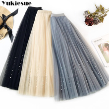 2019 spring Summer beading Tulle Skirt Women pleated shiny tutu skirt A-line mesh midi Skirt female long elegant solid skirt 2024 - buy cheap