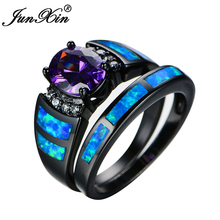 Женское Обручальное Кольцо JUNXIN, фиолетовое кольцо с голубым огненным опалом, ювелирное изделие из черного золота с цирконием для невесты 2024 - купить недорого