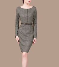 Vestido de lana de talla grande para mujer, prenda ajustada hasta la rodilla, y manga larga con cuello redondo, con cinturón, para primavera e invierno 2024 - compra barato