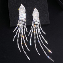 Brincos cristal longos com borla, elegantes, para mulheres, cor prata, para casamento, bijuteria statement wx033 2024 - compre barato