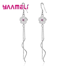 Genuine 925 Sterling Silver Beautiful Flower Shape Drop Earrings With Pink Cubic Zirconia Crystal Jewelry For Women Girl 2024 - buy cheap