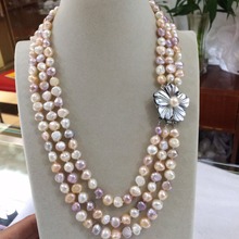 NEW 3row 8-9mm Baroque White Pink Purple multicolor Freshwater Pearl Necklace 17-19"inches shell flowers clasp 2024 - buy cheap