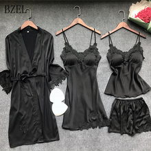 Bzel conjunto de roupão e vestido para mulheres, 4 peças, renda, sensual, para dormir, de seda falso 2024 - compre barato