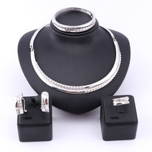 Trendy Silver Plated Jewelry Sets For Women Crystal Statement Choker Necklaces Earrings Bangle Wedding Rings Jewelry Sets 2024 - buy cheap