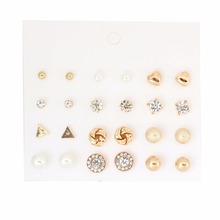 12 pair/bag Rhinestone Zircon Peach Heart Triangle Round Shape Trendy Pearl Stud Earrings Gold Silver Color For Women Jewelry 2024 - buy cheap