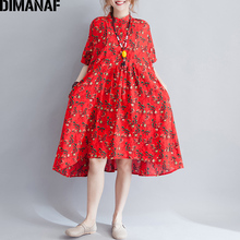 DIMANAF Women Dress Summer Oversize Cotton Femme Elegant Lady Vestidos Large Clothing Loose Print Floral Beach Dress Red 2020 2024 - buy cheap