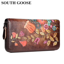 SOUTH GOOSE Women's Wallet Genuine Leather Female Long Clutch Handy Bag Flower Embossing Vintage Cowhide Money Clips Cards Purse 2024 - buy cheap