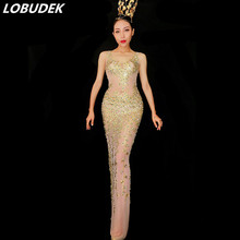 Women Nightclub Costume Gold Mesh Sparkly Rhinestones Perspective Dress Prom Birthday Party One Piece Evening Party Long Dress 2024 - buy cheap