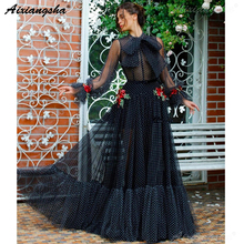 Black Muslim Evening Dresses Scoop Neckline Flowers Islamic Dubai Kaftan Saudi Arabic Long Sleeve Evening Gown Prom Dress 2024 - buy cheap