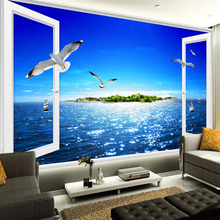 Custom Photo Mural 3D Window Sea View Wall Painting Beach Island Seagulls Murales De Pared Living Room 3D Non-woven Wallpaper 2024 - buy cheap