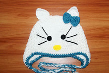 100% cotton Children's Earflap Hat ,baby Crochet cat hat,girls cat beanie, girls cat hat,baby cat hat with bow 2024 - buy cheap