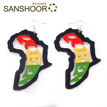 SANSHOOR-pendientes Vintage de madera de Reina africana para mujer, aretes de color verde, rojo y amarillo con mapa acrólogo hueco, joyería de gota para mujer de 2 pares 2024 - compra barato