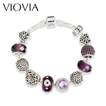 VIOVIA Purple Crystal Bead Bangle & Bracelet With Love and Flower Ball For Women Wedding Gifts Pulseras Mujer B16202 2024 - buy cheap