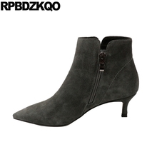 Botas femininas de couro legítimo cinza, calçado pele plus size com zíper lateral, estilo stiletto para inverno 2021 2024 - compre barato