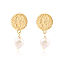 1 par nuevo europeo Simple encanto pequeño Peal Head Coin Hoop pendientes con colgante Color oro Peal pendiente para las mujeres joyería E749-5 2024 - compra barato