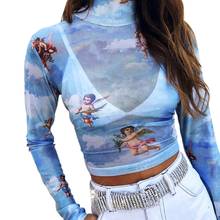 Women Long Sleeve See Through Sheer Mesh Angel Print Top T-Shirt Top Ladies Printed Sexy Trendy Top Tees Shirts Female 2024 - buy cheap