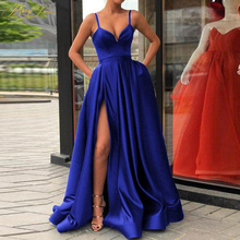 BeryLove-vestido de noche Azul Real, brillante, suave, satinado, Sexy, con abertura alta, Formal, para fiesta, correas, dobladillo de caballo, abertura alta 2024 - compra barato