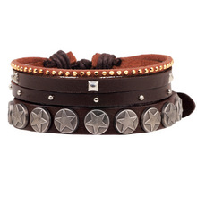 2pcs/set Wholesale Boho Gypsy Hippie Punk Dark Brown Leather Vintage Silver Color Star Rivets Charm Adjustable Bracelets for Man 2024 - buy cheap