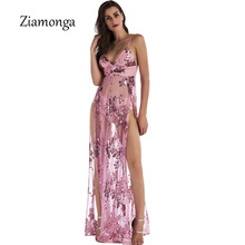 Ziamonga Pink Mesh Sequin Dress Women Sexy See Through V Neck High Split Club Evening Party Maxi Long Dresses Vestidos Mujer 2024 - buy cheap