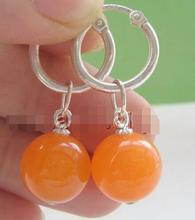 free shipping >Beautiful 12mm 100% Natural stone perfect round orange * earring - silver hoop 2024 - buy cheap