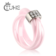 Anillo de cerámica con 3 cruces para mujer, sortija romántica de zirconia, accesorios de boda de acero inoxidable, Color rosa 2024 - compra barato