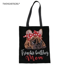 Twoheartsgirl Black French Bulldog Print Shoulder Bag Canvas Tote Beach Bag for Women Cute Stylish Ladies Shopping Handbags 2024 - buy cheap