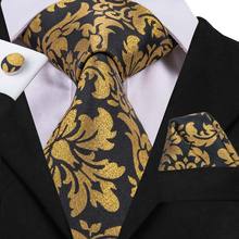 Hi-tie gravata masculina de marca designer, estilo casual, padrão floral amarelo 100% seda feita à mão, gravatas de bolso, abotoaduras quadradas, conjunto 2024 - compre barato