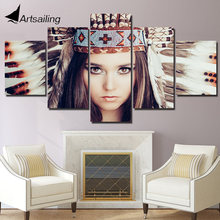 Wall Art Canvas Painting 5 Piece Posters HD Prints Indian Girl Feather Decoration Wall Picture for Living Room Home Decor XA2954 2024 - buy cheap