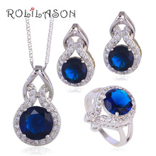 ROLILASON Prata carimbado Brincos Clipe Colar Pingente anéis Retro Azul AAA CZ Conjunto de Jóias de Moda para as mulheres JS628 2024 - compre barato