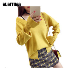 New 2020 Autumn Women Solid Color V-neck Pullover and Sweater Bottoming Knitted Sweater Loose Flare Sleeve Sweater Female SW941 2024 - buy cheap