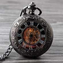 Vintage Black Mechanical Pocket Watch Mens Classic Elegant Hollow Skeleton Hand wind Retro Male Clock Pendant FOB Chain Watches 2024 - buy cheap