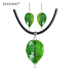 Madrry Summer New Green Leaves Enamel Jewelry Sets for Women Girls Pendant Necklace and Earrings Leather Chain Brincos Feminino 2024 - buy cheap