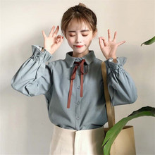 Lychee Girls Bow Lace Up Stripe Women Preppy Style Blouses Peter Pan Collar Long Flare Sleeve Blouse Shirts Spring Sweet Blouses 2024 - buy cheap