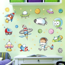 Space astronaut cartoon wall sticker kids room outer space planet galaxy rocket ship decorative wall stickers for children rooms 2024 - buy cheap