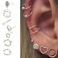 7Pcs/Lot Vintage Tibetan Top Ear Tragus Piercings Hoop Helix Cartilage Tragus Daith Earring Studs Piercing Silver Color Jewelry 2024 - buy cheap