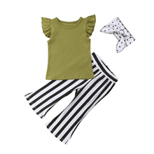 FOCUSNORM, Детская летняя одежда для маленьких девочек, топы, футболка с открытыми плечами, полосатые расклешенные брюки, наряды 2024 - купить недорого