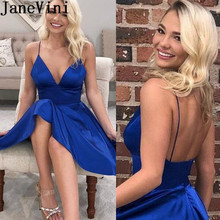 JaneVini Sexy V Neck Royal Blue Short Cocktail Dresses A Line Backless Satin Women Party Graduation Gowns Robe Cocteleria 2019 2024 - buy cheap