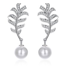 925 Sterling Silver Pearl Stud Earrings Women Romantic Crystals from Austria Leaf Feather Earrings for Ladies Payrty Jewelry 2024 - buy cheap