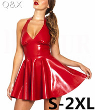 XX48 Sexy PVC Faux Leather Dress Red Shiny 2017 Halter Sleeveless Catsuit Erotic Bondage Pleated Dress Clubwear Costume S-XXL 2024 - buy cheap
