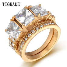 Tigrade-Conjunto de anillo de acero inoxidable para mujer, sortija de compromiso romántica de cristal de circonita pavimentada, Color dorado y plateado, para boda 2024 - compra barato