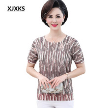XJXKS Fashion printing women's T-shirt 2019 summer new loose plus size  linen knitted thin T-shirt women's short-sleeved top 2024 - buy cheap